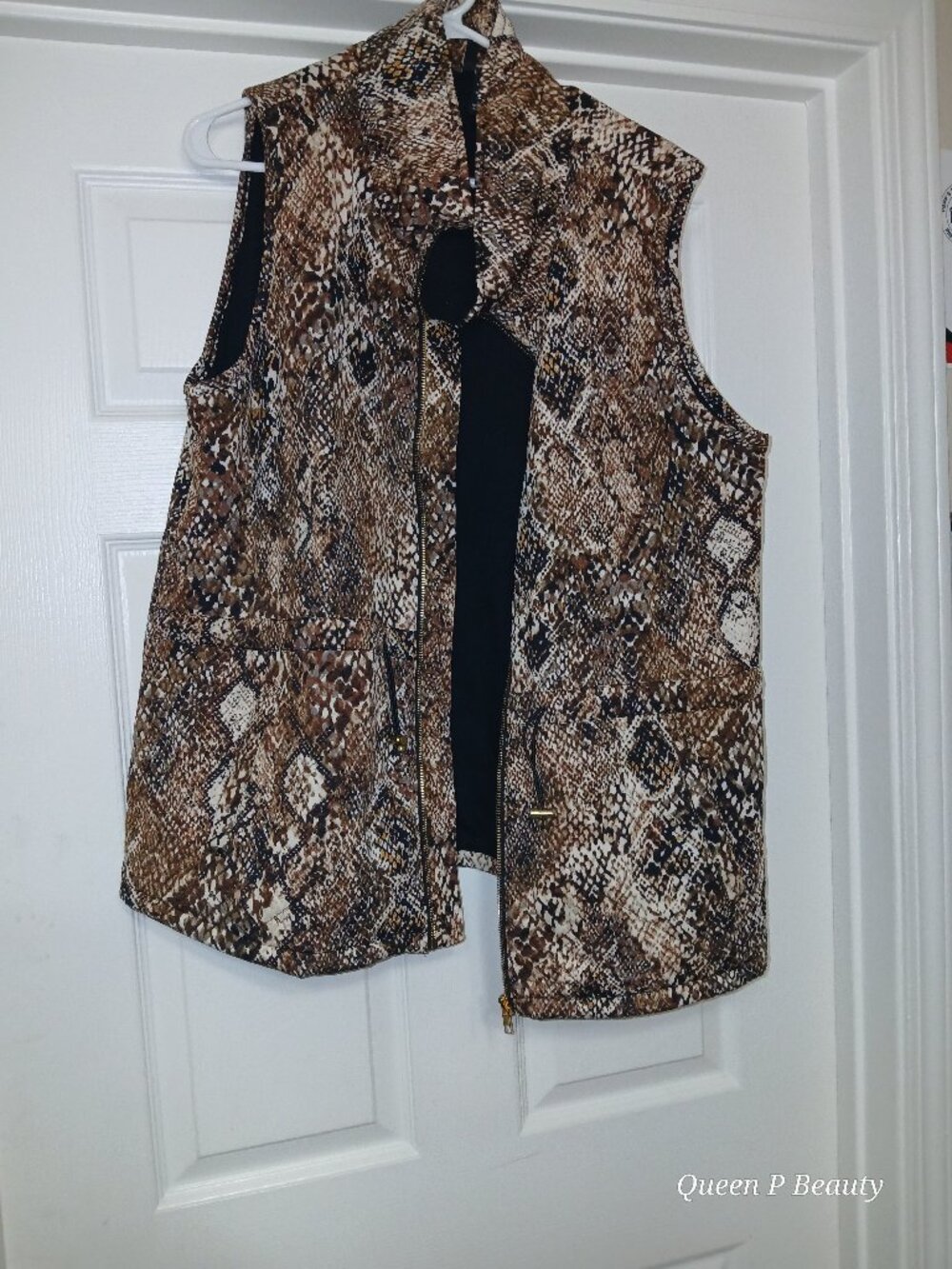 Snakeskin Print Full Zip Drawstring Waist Utility Vest